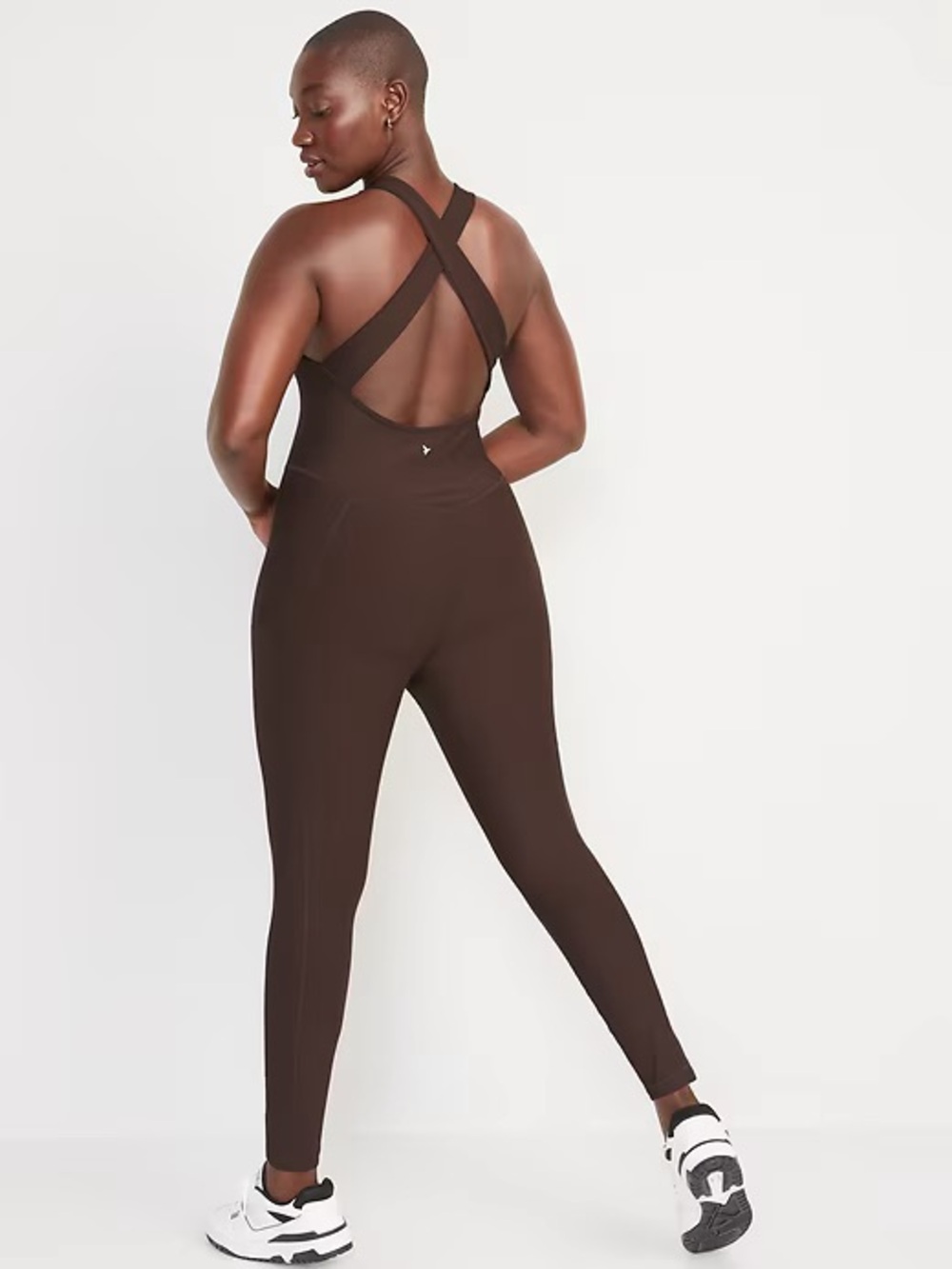 Espresso Brown Cross-Back Athleisure Bodysuit  - Size | PowerSoft Open Back 7/8